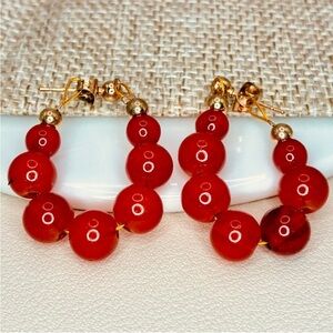 Red Agate Natural Stone and Gold Beaded Jacket Design Hoop Earrings